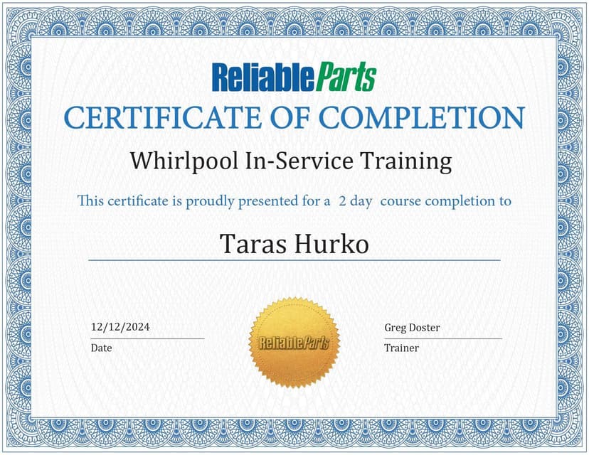 Whirlpool Training Certificate